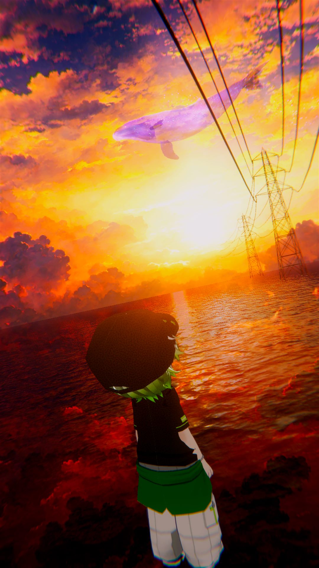 VRChat sunset scene with a whale above the ocean